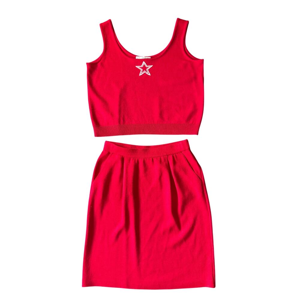 Vintage St John Collection Marie Gray Red Santana Knit 2 Pc Skirt Tank Top Set